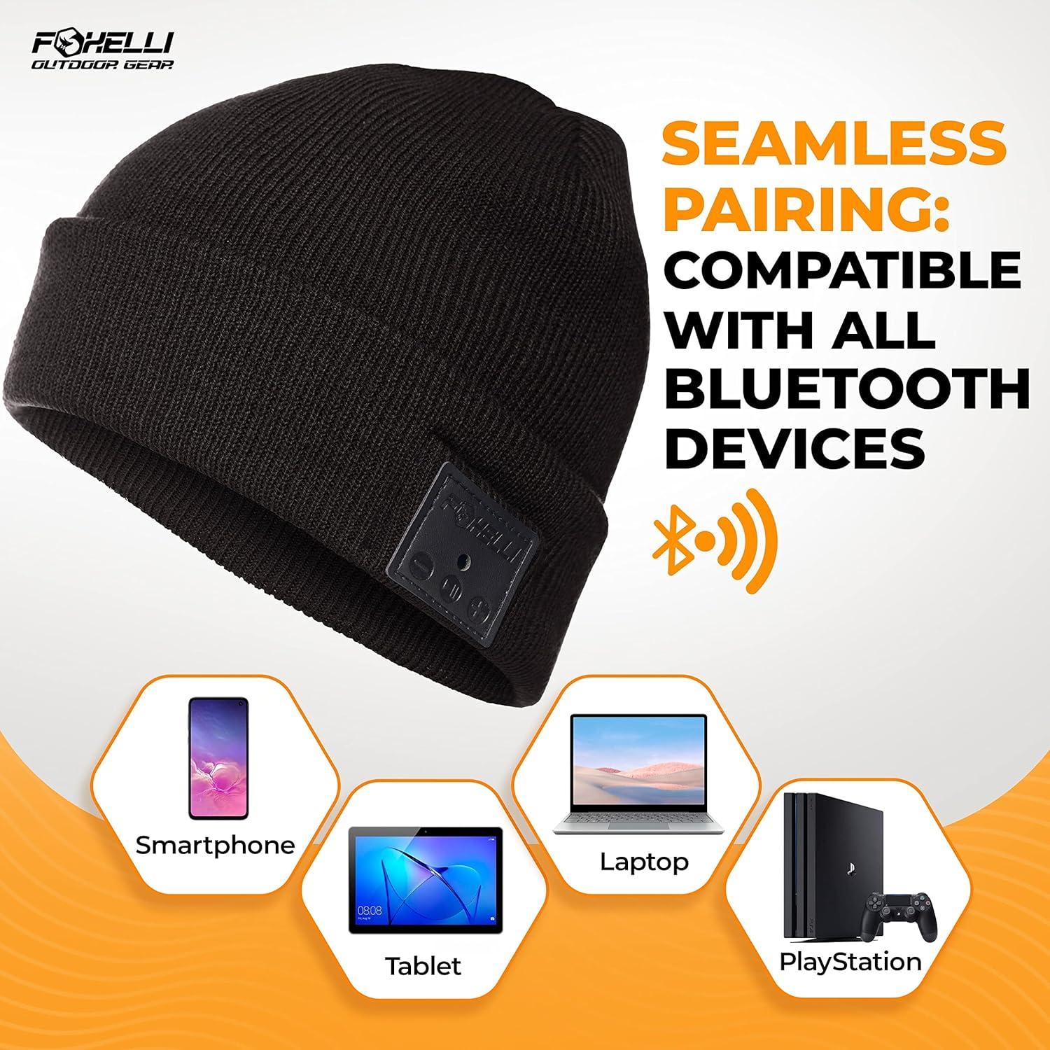 imageFoxelli Bluetooth Beanie Hat 15Hour Battery Builtin Mic Fully Washable Perfect Tech Gift for Men ampamp WomenBlack