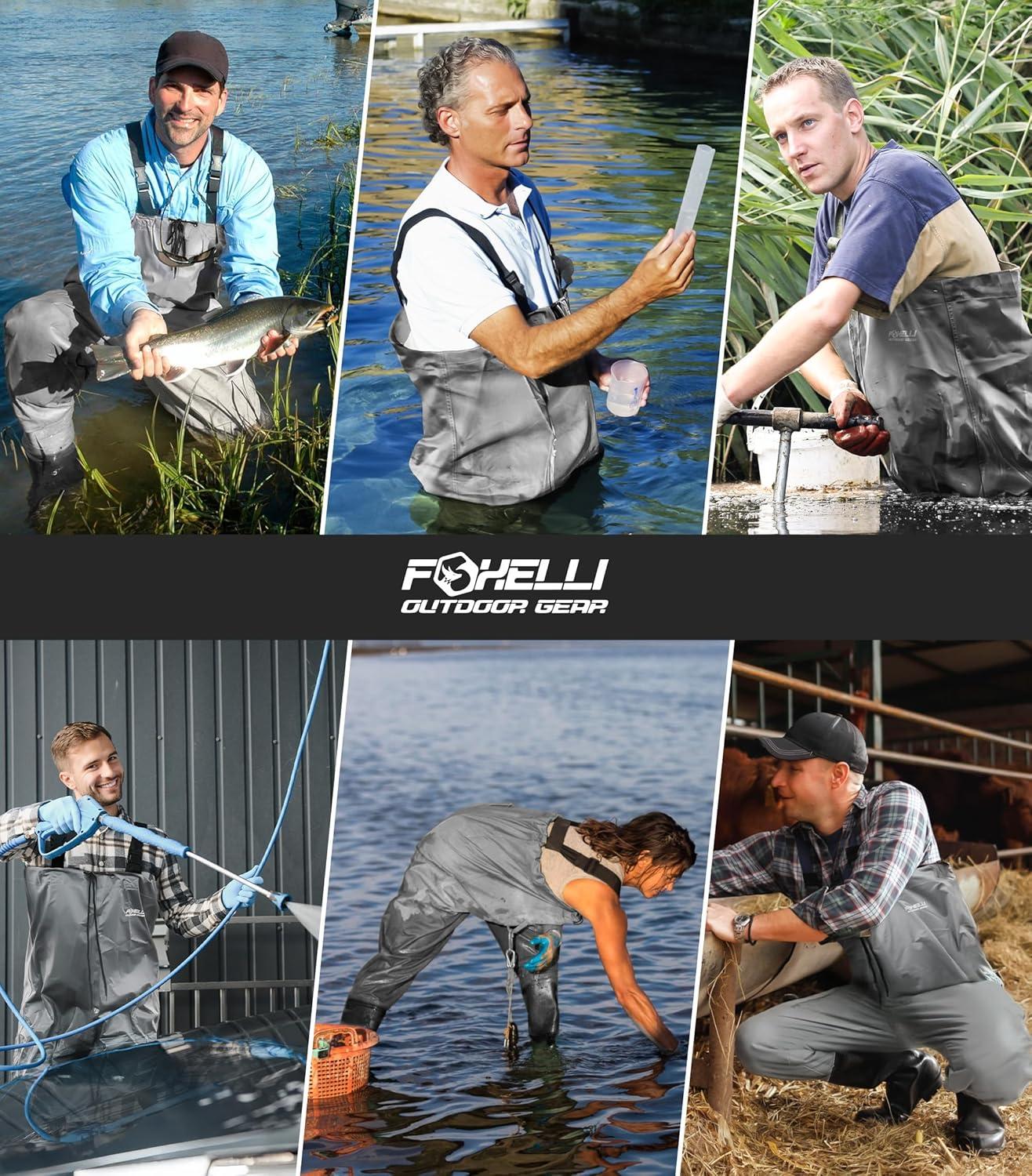 imageFoxelli Chest Waders 2ply NylonPVC Waterproof Lightweight Fishing Waders for Men ampamp Women with BootsGrey