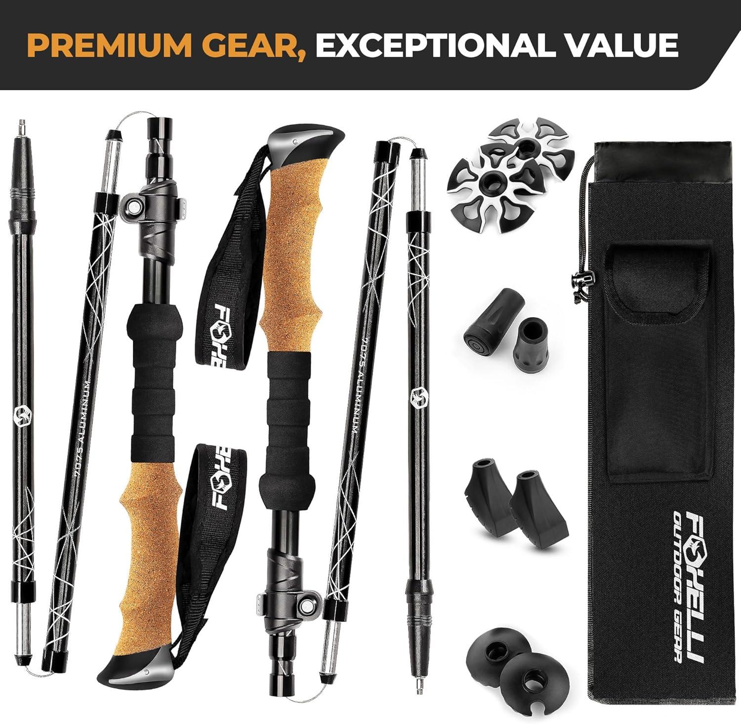 imageFoxelli Lightweight Trekking Poles Compact Walking Sticks with Quick Locks Ergonomic Cork Grip ampamp AllTerrain Accessories Adjustable Collapsible Poles for Travel ampamp Hiking4553in for Height 55 to 65