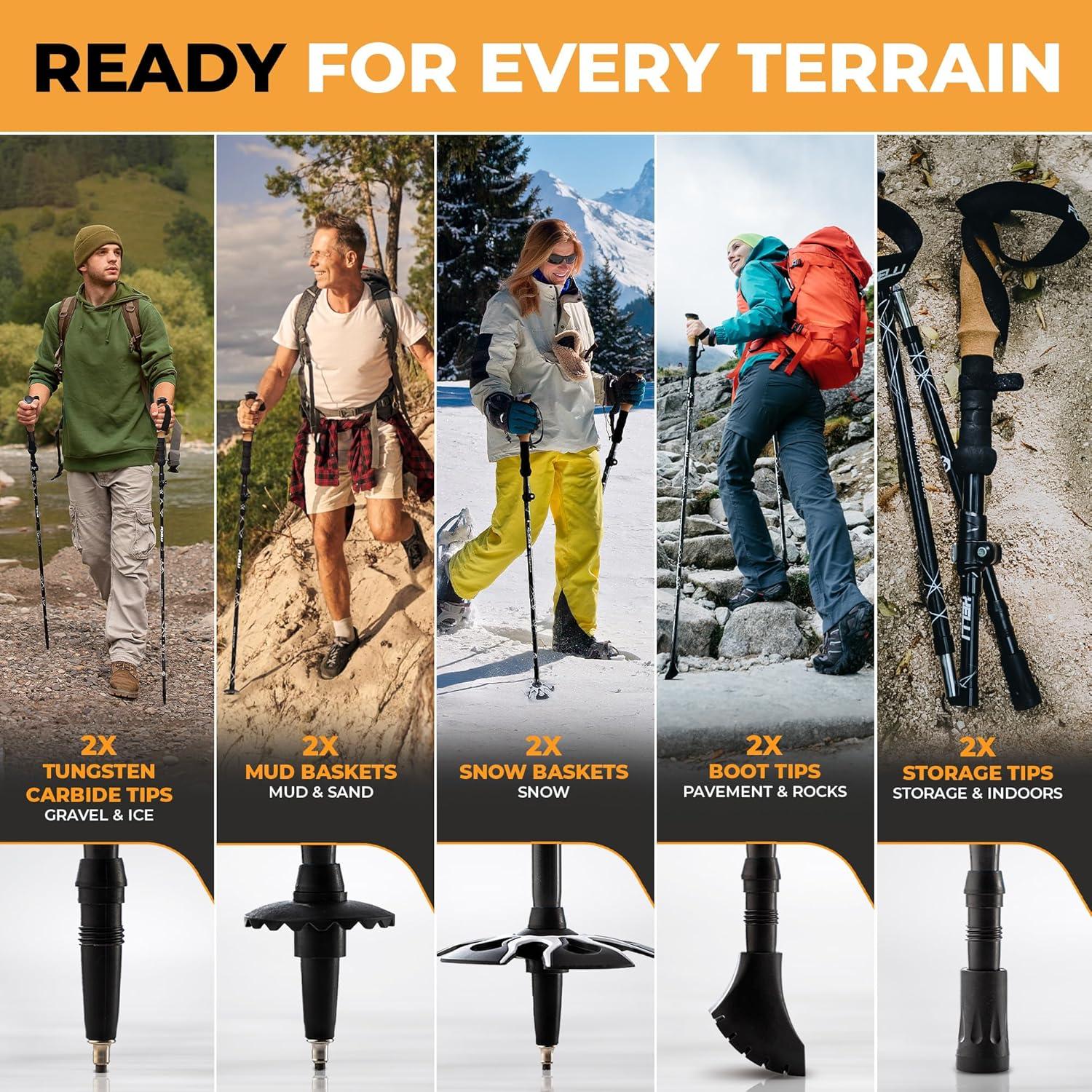 imageFoxelli Lightweight Trekking Poles Compact Walking Sticks with Quick Locks Ergonomic Cork Grip ampamp AllTerrain Accessories Adjustable Collapsible Poles for Travel ampamp Hiking3947in for Height 411 to 58