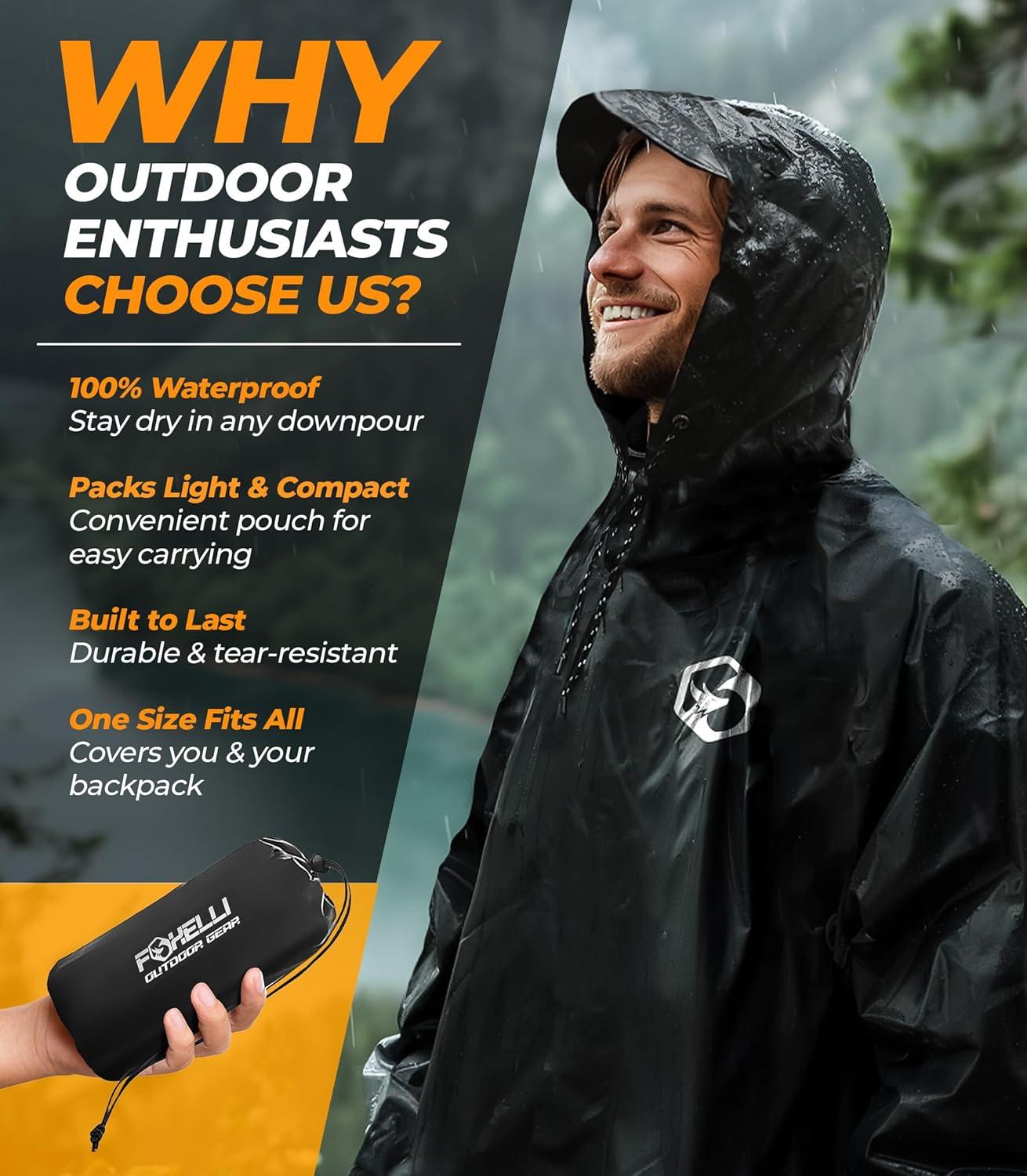 imageFoxelli Rain Poncho for Adults Extra Long Reusable Waterproof Raincoat with Hood Lightweight for Hiking Camping Outdoors2pack Black