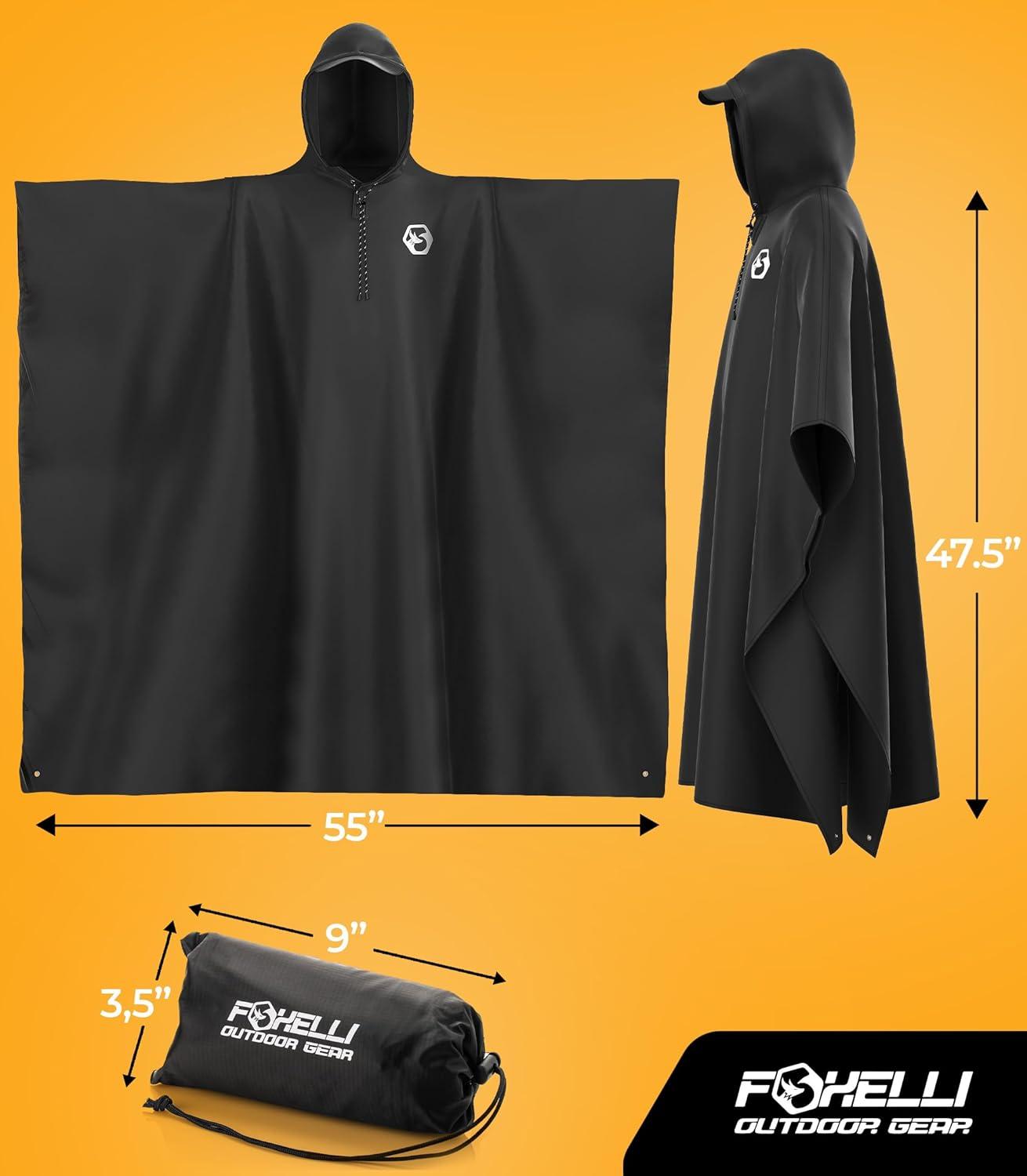 imageFoxelli Rain Poncho for Adults Extra Long Reusable Waterproof Raincoat with Hood Lightweight for Hiking Camping Outdoors2pack Black