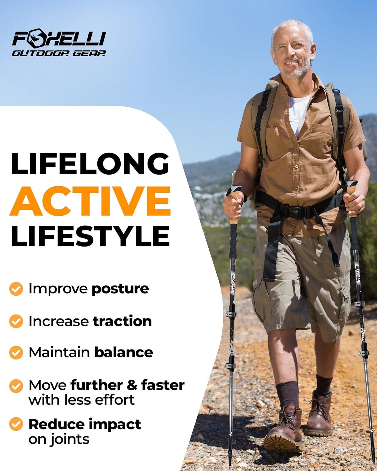 imageFoxelli Trekking Poles Lightweight Collapsible Aircraft Grade Aluminum Hiking Poles with Cork Grips Quick Locks ampamp AllTerrain Accessories Pair of 2Khaki