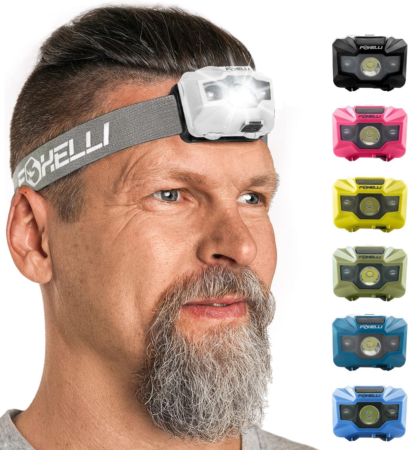 imageFoxelli USBCRechargeable LED Headlamp UltraLight 24oz ampamp Bright180Lumens RedWhite Light 5Modes IPX5 Waterproof 40h Runtime for Trail Running Camping HikingWhite