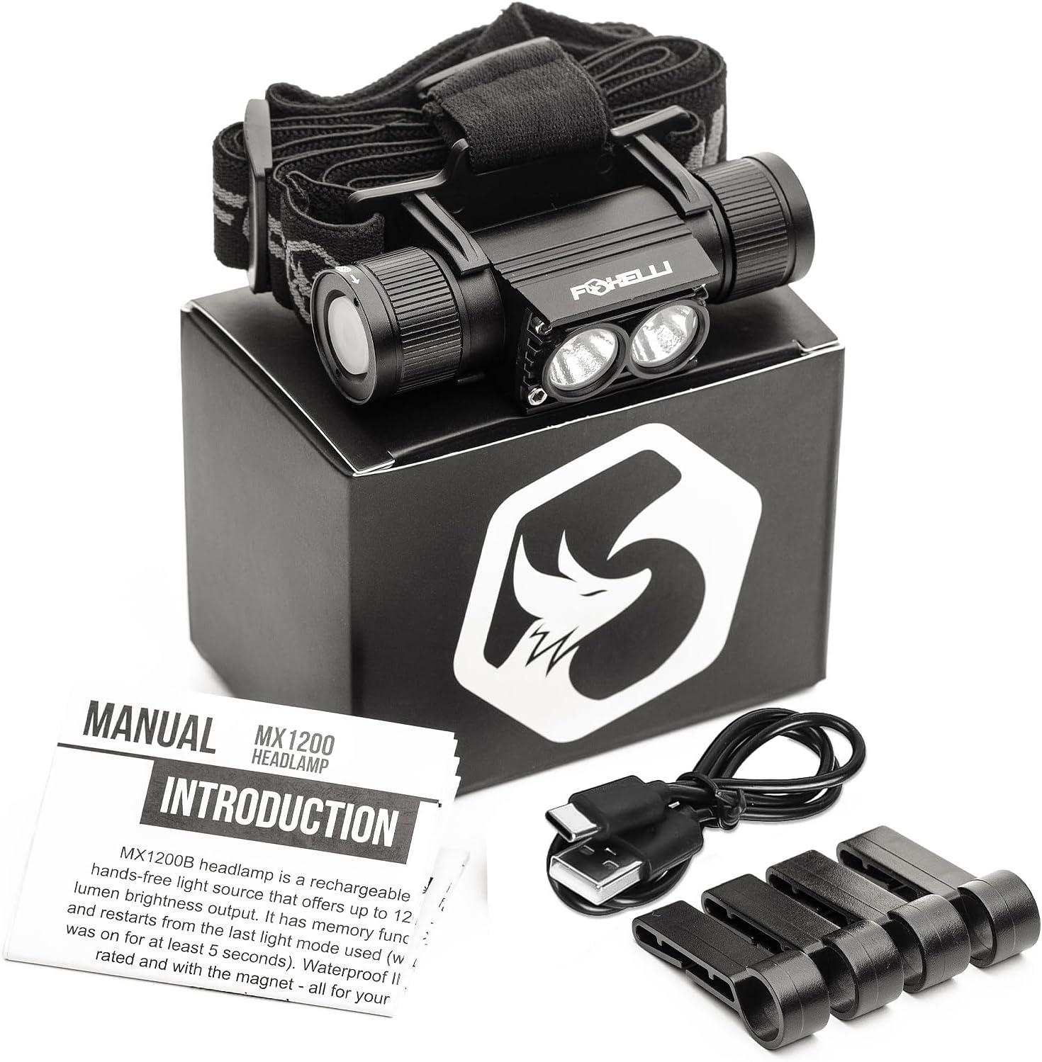 imageFoxelli Ultra Bright Rechargeable Headlamp 18650 Battery IPX7 Waterproof 1200 Lumen LED Light for Work ampamp Outdoors with Battery ampamp Hooks Perfect for Hard Hat or Helmet