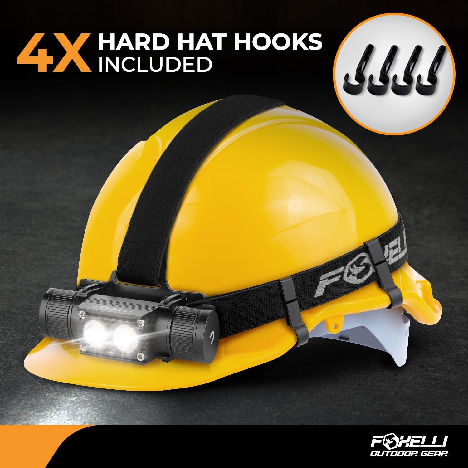 imageFoxelli Ultra Bright Rechargeable Headlamp 18650 Battery IPX7 Waterproof 1200 Lumen LED Light for Work ampamp Outdoors with Battery ampamp Hooks Perfect for Hard Hat or Helmet