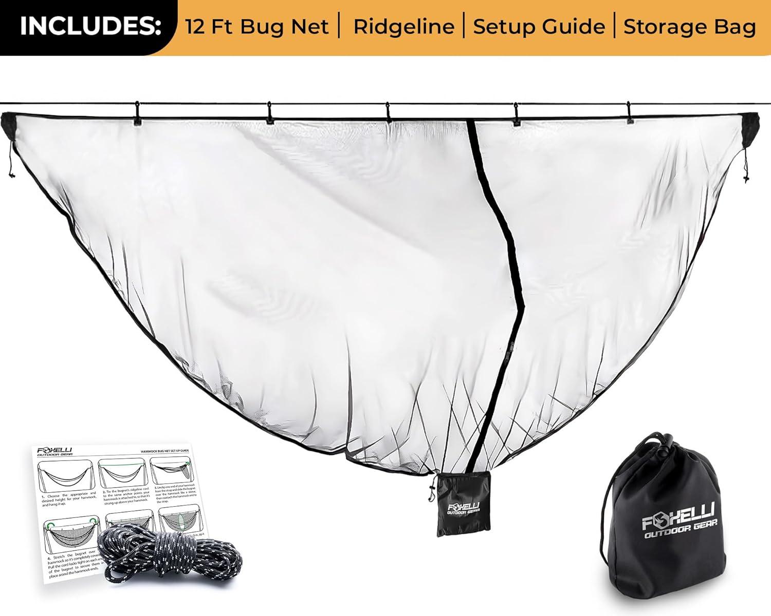 imageFoxelli XL Hammock Net 12ft Net for Hammocks Lightweight Portable Hammock Netting Fast and Easy Set Up Fits All Camping Hammocks