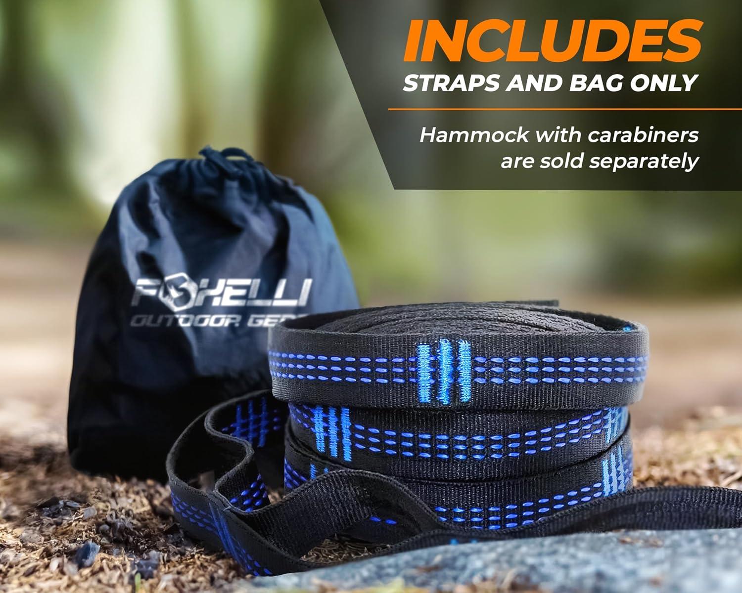 imageFoxelli XL Hammock Straps Extra Long 20FT Heavy Duty NoStretch Suspension System 402 Loops 2000 LBS Capacity for IndoorOutdoor Use Set of 2 Straps ampamp Carry Bag