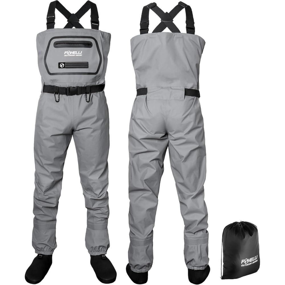imageFoxelli Breathable Waders  Fly Fishing Stockingfoot Waders for Men and WomenGrey