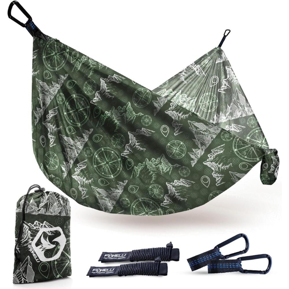 imageFoxelli Camping Hammock  Ultralight Hammock for Backpacking Hiking Festivals Travel  Easy Setup with TreeFriendly Ropes ampamp Steel Carabiners Heavy Duty Parachute NylonAdventures Green