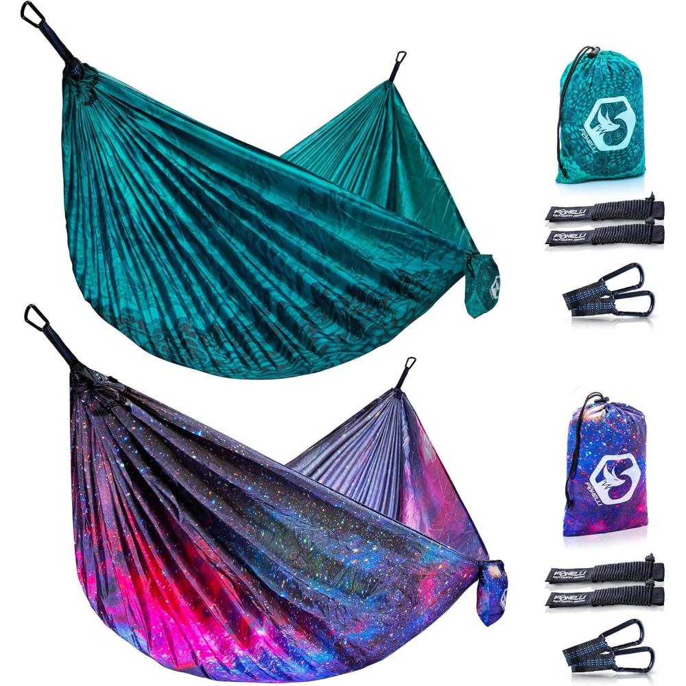 imageFoxelli Camping Hammock Bundle of 2  Lightweight Parachute Nylon Portable Hammocks with Tree Ropes and Carabiners