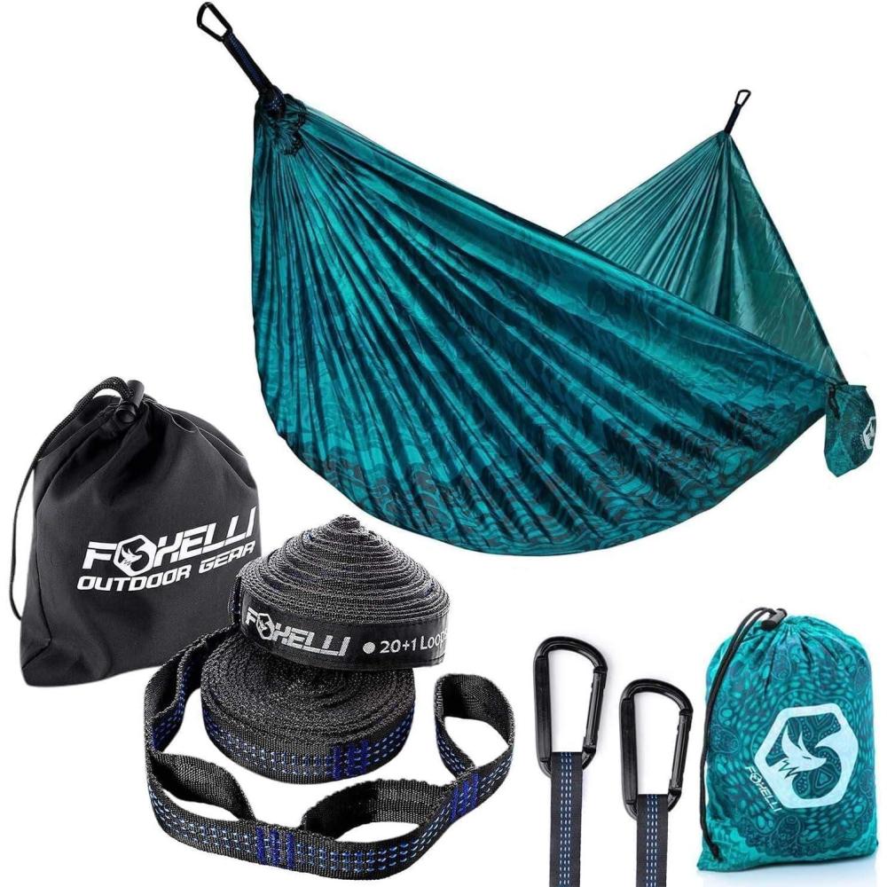 imageFoxelli Camping Hammock ampamp Tree Straps Bundle Includes Lightweight Parachute Nylon Hammock ampamp XL Hammock Straps Set