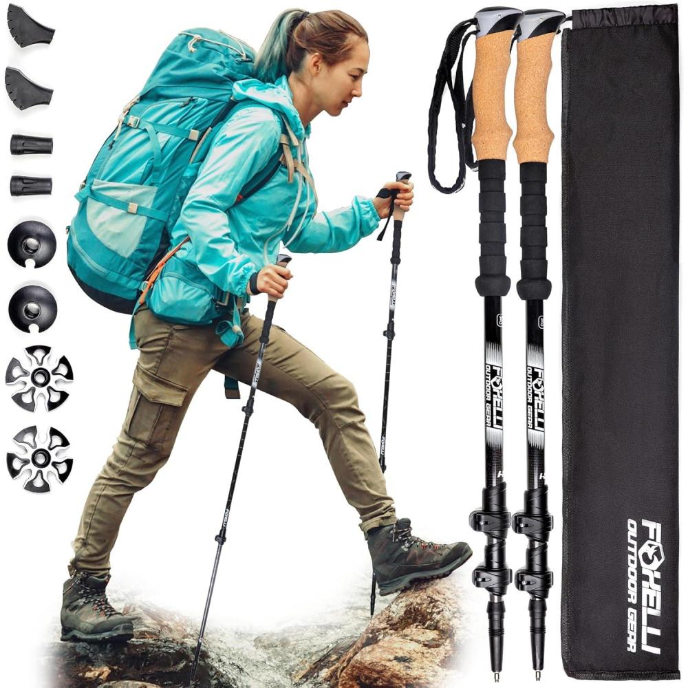 imageFoxelli Carbon Fiber Trekking Poles Lightweight Collapsible Hiking Poles with Cork Grips Lever Locks ampamp All Terrain AccessoriesBlack