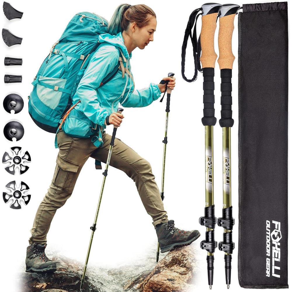 imageFoxelli Carbon Fiber Trekking Poles Lightweight Collapsible Hiking Poles with Cork Grips Lever Locks ampamp All Terrain AccessoriesKhaki