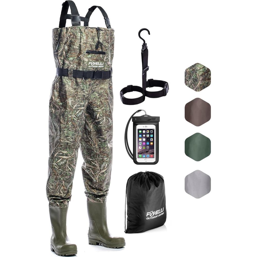imageFoxelli Chest Waders Waterproof 2ply NylonPVC Camo Hunting Fishing Waders for Men and Women with BootsCamo