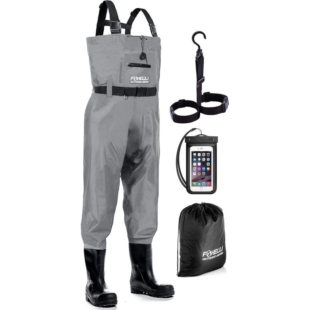 imageFoxelli Chest Waders Waterproof 2ply NylonPVC Camo Hunting Fishing Waders for Men and Women with BootsGrey