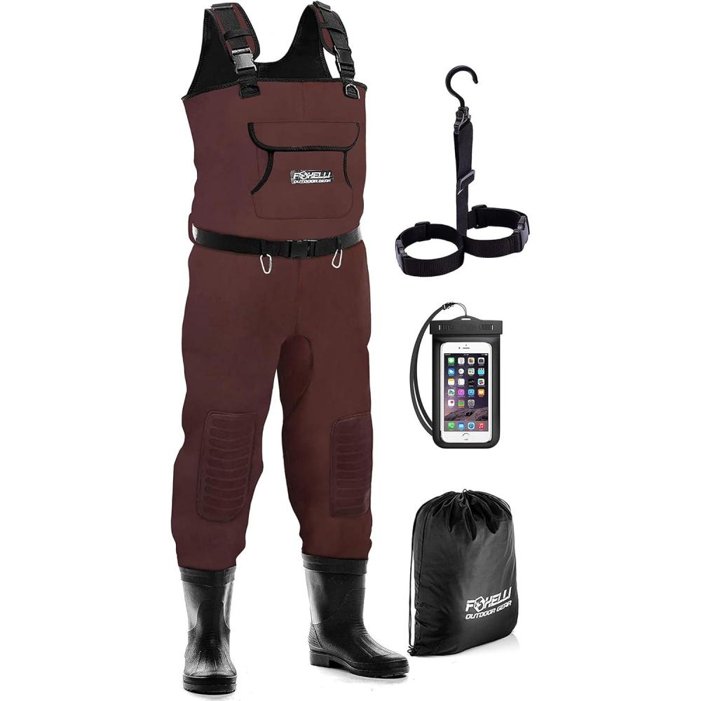imageFoxelli Chest Waders Waterproof 4mm Neoprene Hunting ampamp Fishing Waders for Men ampamp Women with BootsBrown