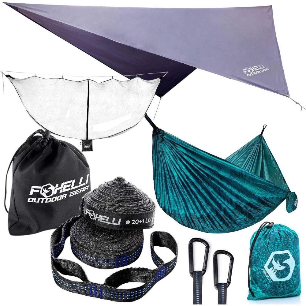 imageFoxelli Hammock Camping Set Bundle Includes Camping Hammock Rain Tarp XL Tree Straps ampamp Hammock Net