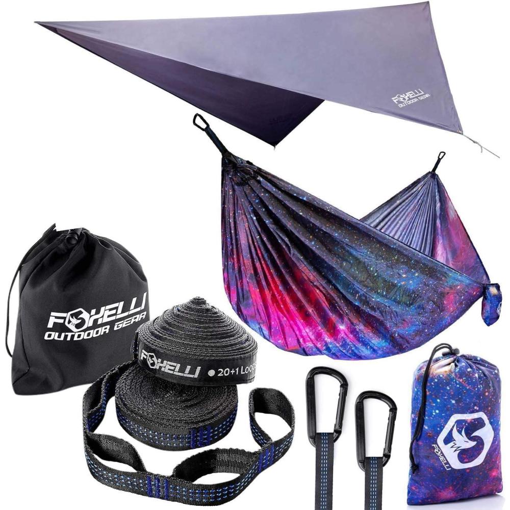 imageFoxelli Hammock Hammock Straps ampamp Rain Tarp Bundle Includes Parachute Nylon Camping Hammock XL Tree Straps Set ampamp Lightweight Rain Tarp