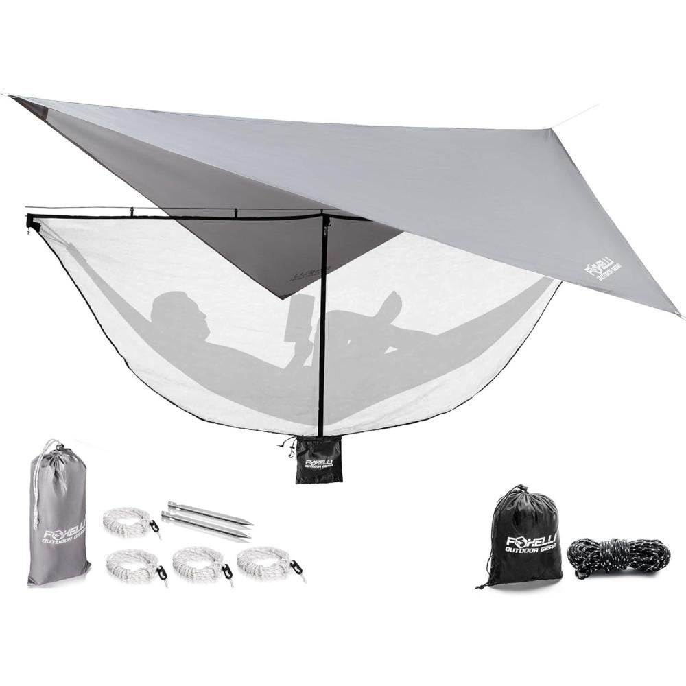 imageFoxelli Hammock Net ampamp Rain Fly Bundle  12ft Lightweight Net ampamp Waterproof Tarp