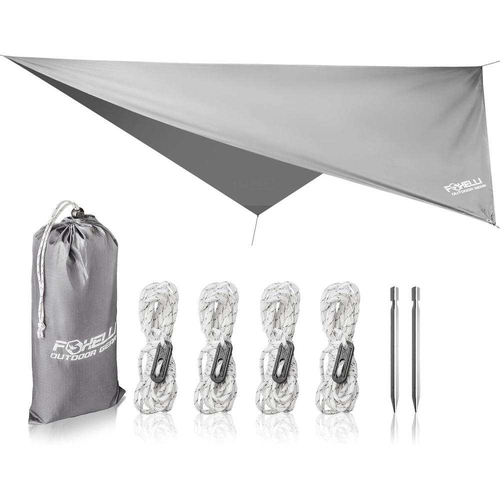 imageFoxelli Hammock Rain Fly Waterproof Lightweight Tent ampamp Hammock Rain Tarp for Camping Backpacking wEasy Setup Including Extra Long Guy Lines ampamp StakesGray