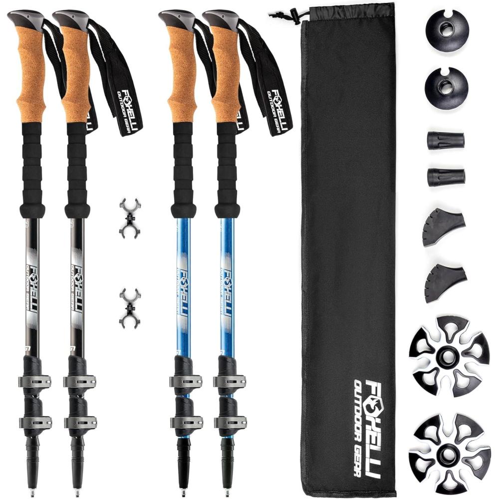 imageFoxelli Hiking Poles Bundle 2 Pairs  Black ampamp Blue Collapsible Lightweight AircraftGrade Aluminum Trekking Poles with Accessories