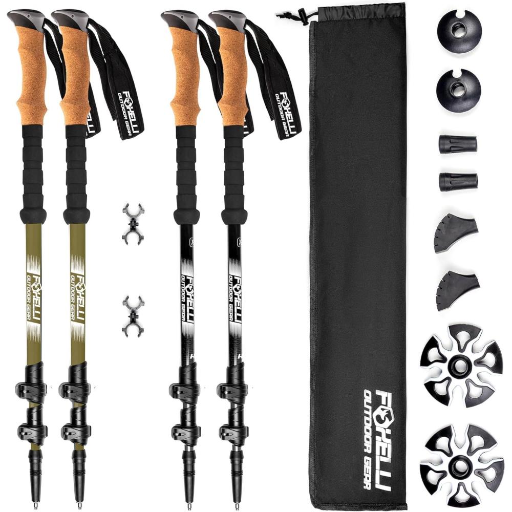 imageFoxelli Hiking Poles Bundle 2 Pairs Black ampamp Khaki Collapsible Lightweight Carbon Fiber Trekking Poles with Accessories