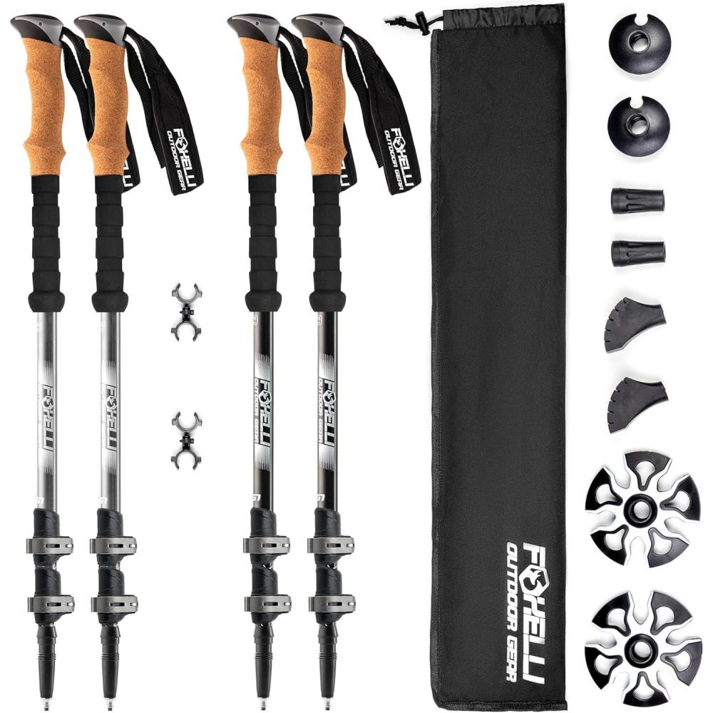imageFoxelli Hiking Poles Bundle 2 Pairs Grey ampamp Black Collapsible Lightweight AircraftGrade Aluminum Trekking Poles with Accessories