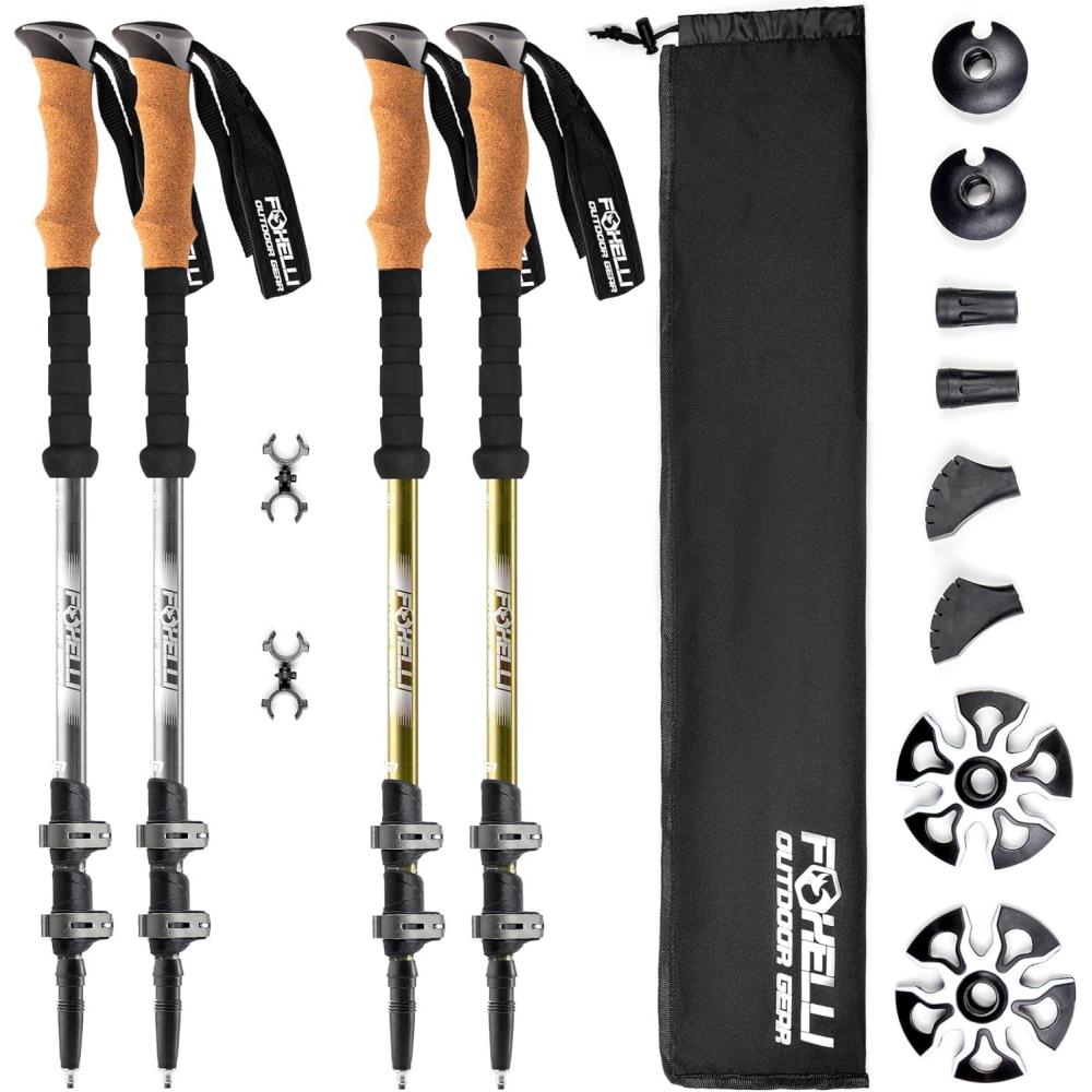 imageFoxelli Hiking Poles Bundle 2 Pairs Grey ampamp Khaki Collapsible Lightweight AircraftGrade Aluminum Trekking Poles with Accessories