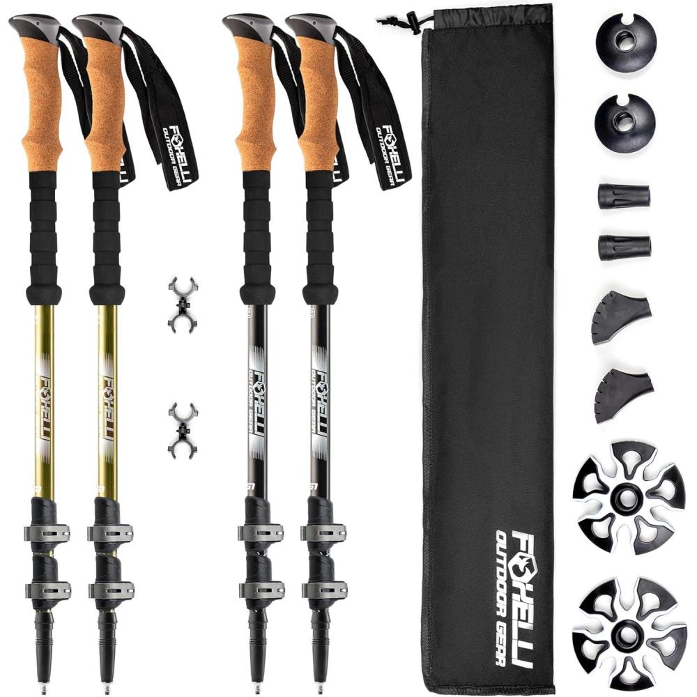 imageFoxelli Hiking Poles Bundle 2 Pairs Khaki ampamp Black Collapsible Lightweight AircraftGrade Aluminum Trekking Poles with Accessories