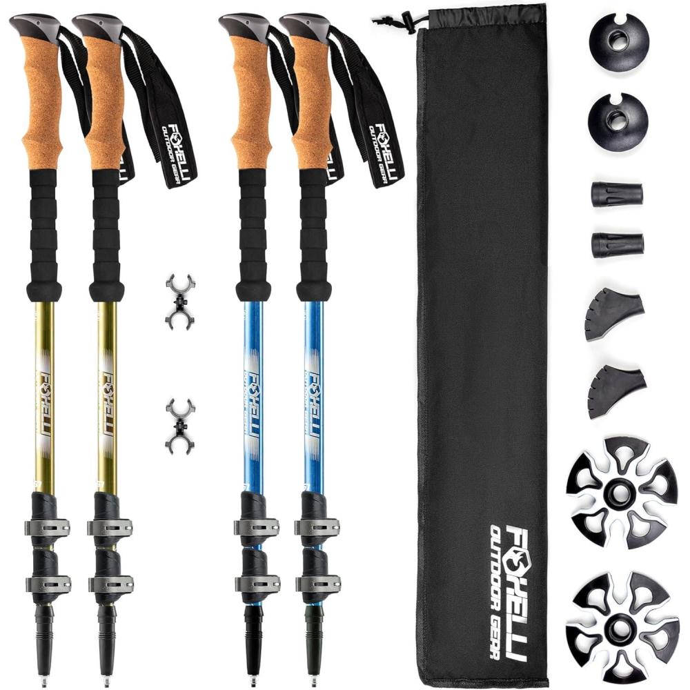 imageFoxelli Hiking Poles Bundle 2 Pairs Khaki ampamp Blue Collapsible Lightweight AircraftGrade Aluminum Trekking Poles with Accessories