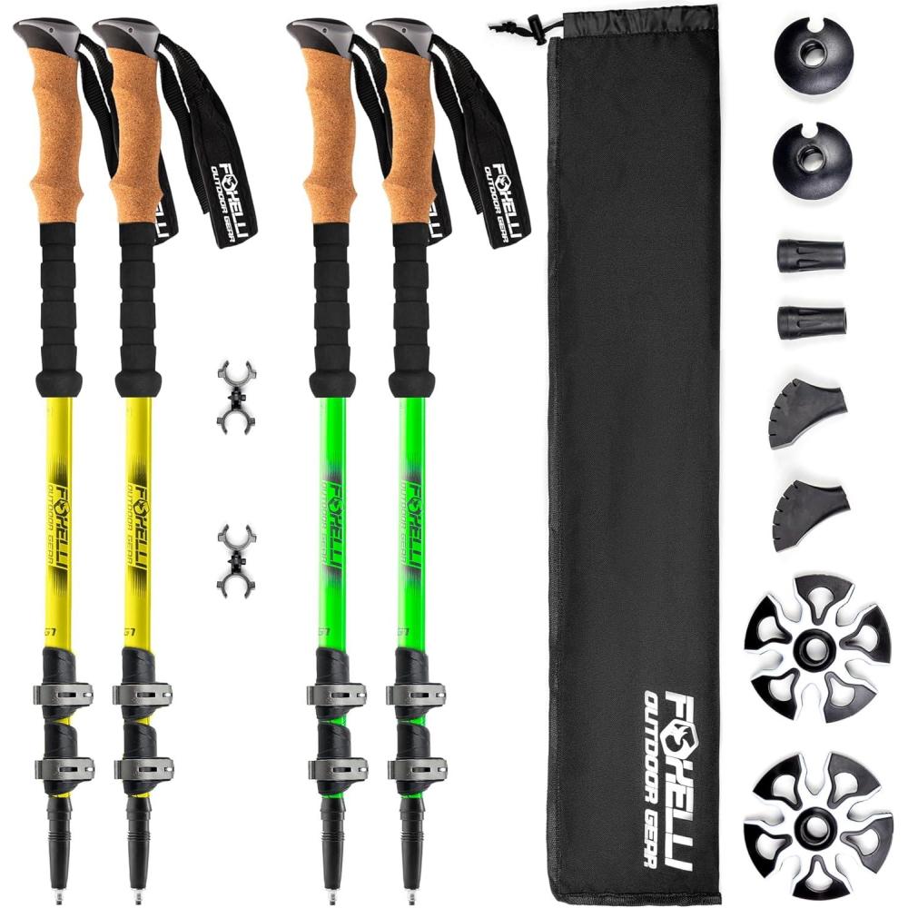 imageFoxelli Hiking Poles Bundle 2 Pairs Yellow ampamp Neon Green Collapsible Lightweight AircraftGrade Aluminum Trekking Poles with Accessories