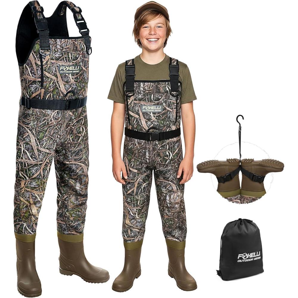 imageFoxelli Kids Chest Waders  4mm Neoprene Waterproof Youth Waders with Boots for Duck Hunting and FishingCamo