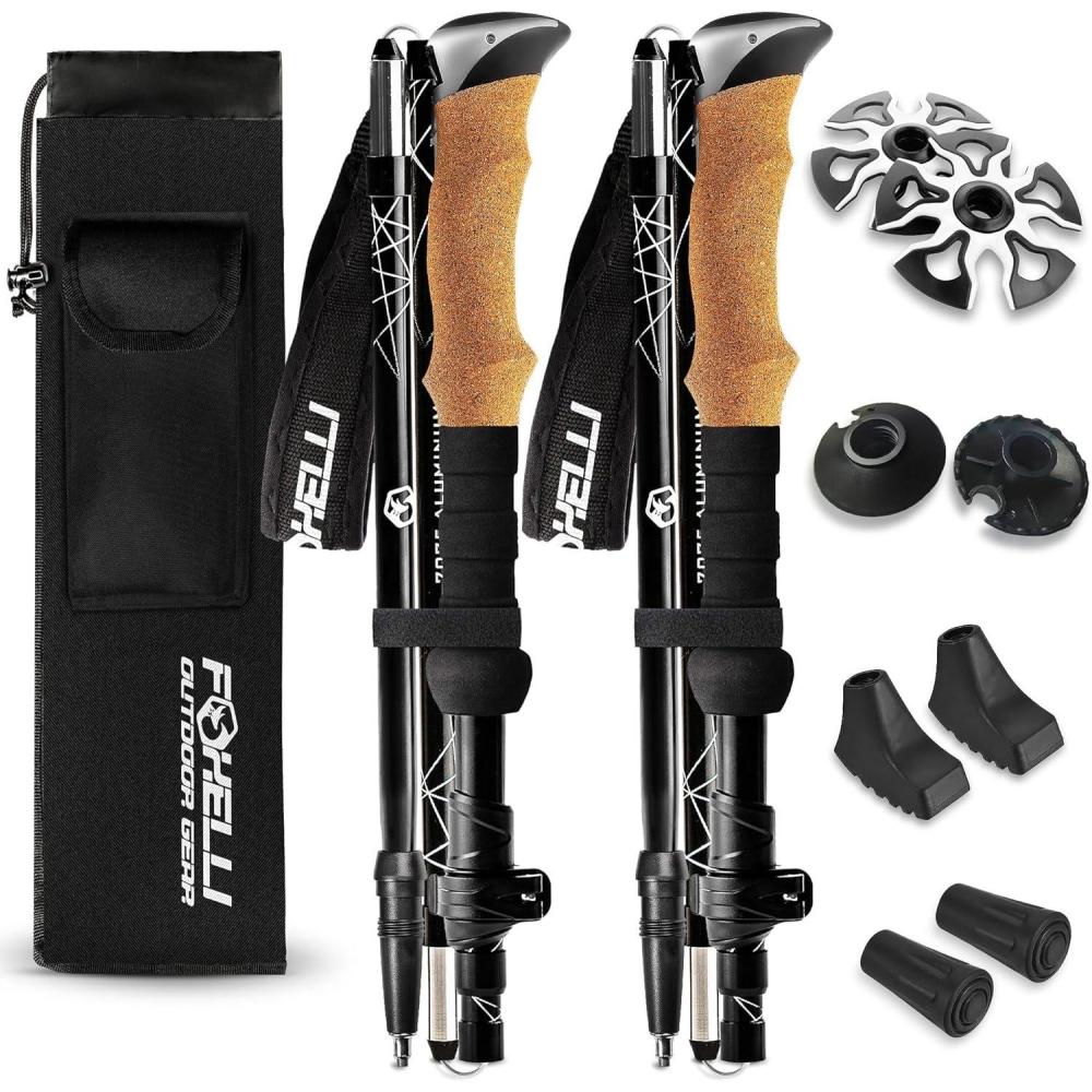 imageFoxelli Lightweight Trekking Poles Compact Walking Sticks with Quick Locks Ergonomic Cork Grip ampamp AllTerrain Accessories Adjustable Collapsible Poles for Travel ampamp Hiking3947in for Height 411 to 58