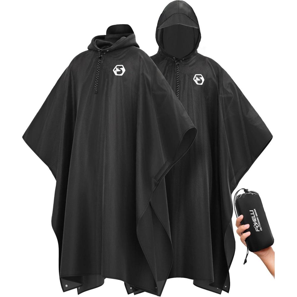 imageFoxelli Rain Poncho for Adults Extra Long Reusable Waterproof Raincoat with Hood Lightweight for Hiking Camping Outdoors2pack Black