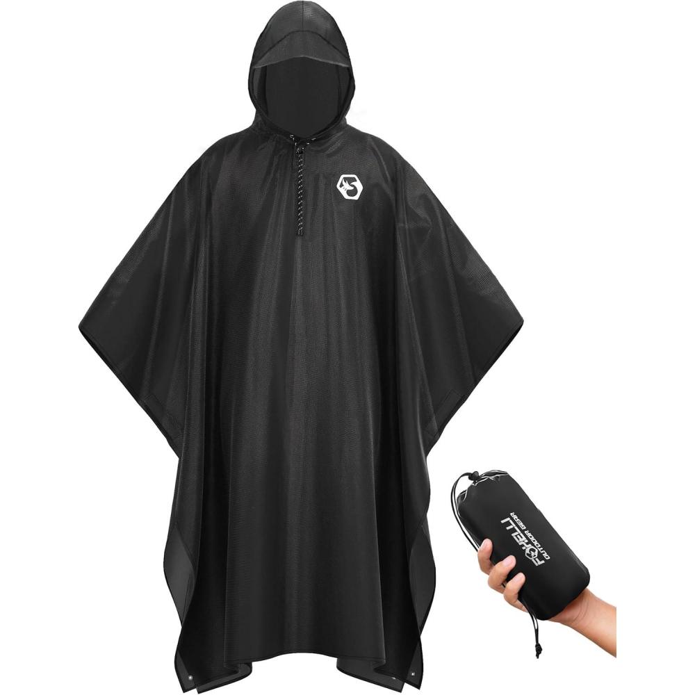 imageFoxelli Rain Poncho for Adults Extra Long Reusable Waterproof Raincoat with Hood Lightweight for Hiking Camping OutdoorsBlack