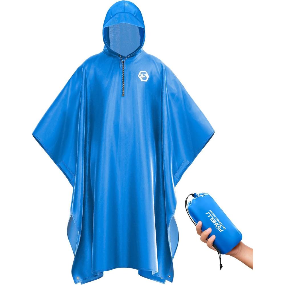 imageFoxelli Rain Poncho for Adults Extra Long Reusable Waterproof Raincoat with Hood Lightweight for Hiking Camping OutdoorsBlue