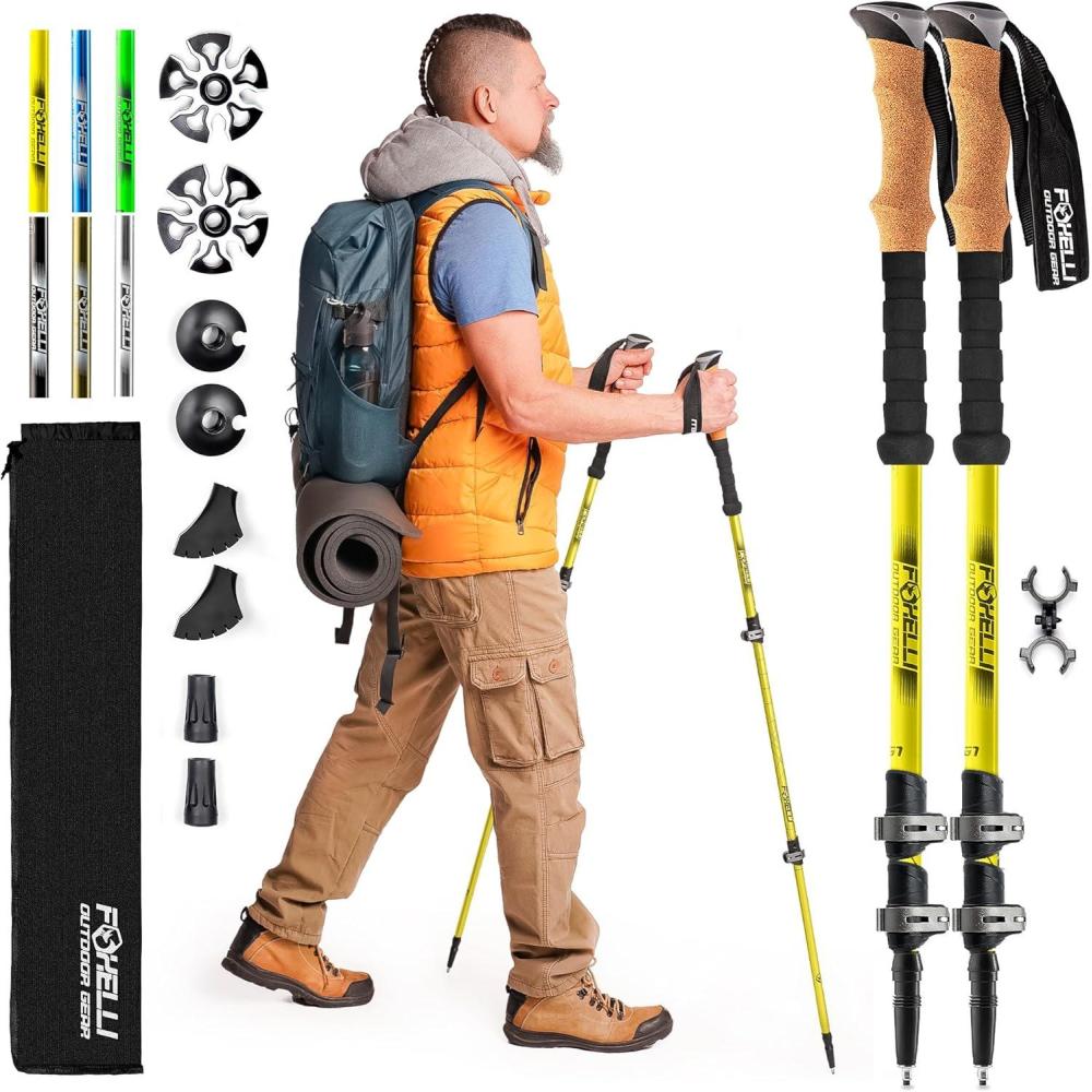 imageFoxelli Trekking Poles  Lightweight Collapsible Aircraft Grade Aluminum Hiking Poles with Cork Grips Quick Locks ampamp AllTerrain Accessories  Pair of 2Yellow