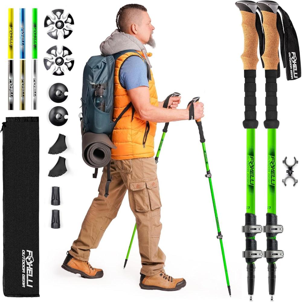 imageFoxelli Trekking Poles Lightweight Collapsible Aircraft Grade Aluminum Hiking Poles with Cork Grips Quick Locks ampamp AllTerrain Accessories Pair of 2Neon Green