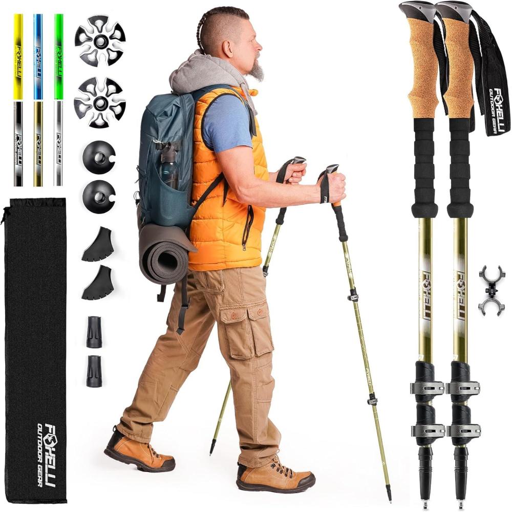 imageFoxelli Trekking Poles Lightweight Collapsible Aircraft Grade Aluminum Hiking Poles with Cork Grips Quick Locks ampamp AllTerrain Accessories Pair of 2Khaki