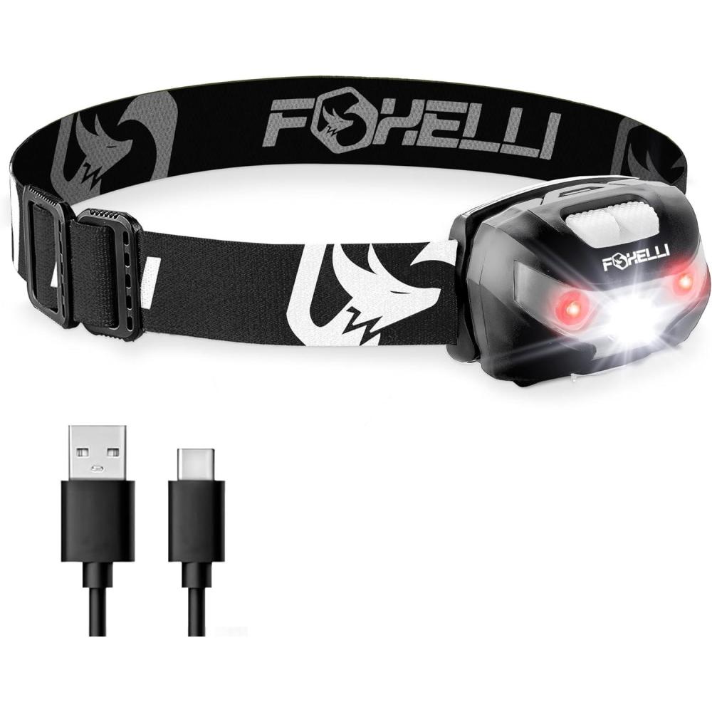 imageFoxelli USBC Rechargeable LED Headlamp  Super Bright Lightweight Head Lamp for Running Camping Hiking ampamp Work  Comfortable Fit for Adults ampamp KidsBlack