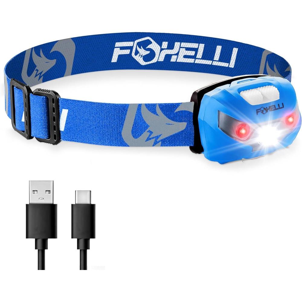 imageFoxelli USBC Rechargeable LED Headlamp Super Bright Lightweight Head Lamp for Running Camping Hiking ampamp Work Comfortable Fit for Adults ampamp KidsBlue