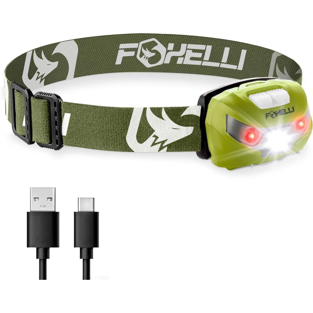 imageFoxelli USBC Rechargeable LED Headlamp  Super Bright Lightweight Head Lamp for Running Camping Hiking ampamp Work  Comfortable Fit for Adults ampamp KidsKhaki