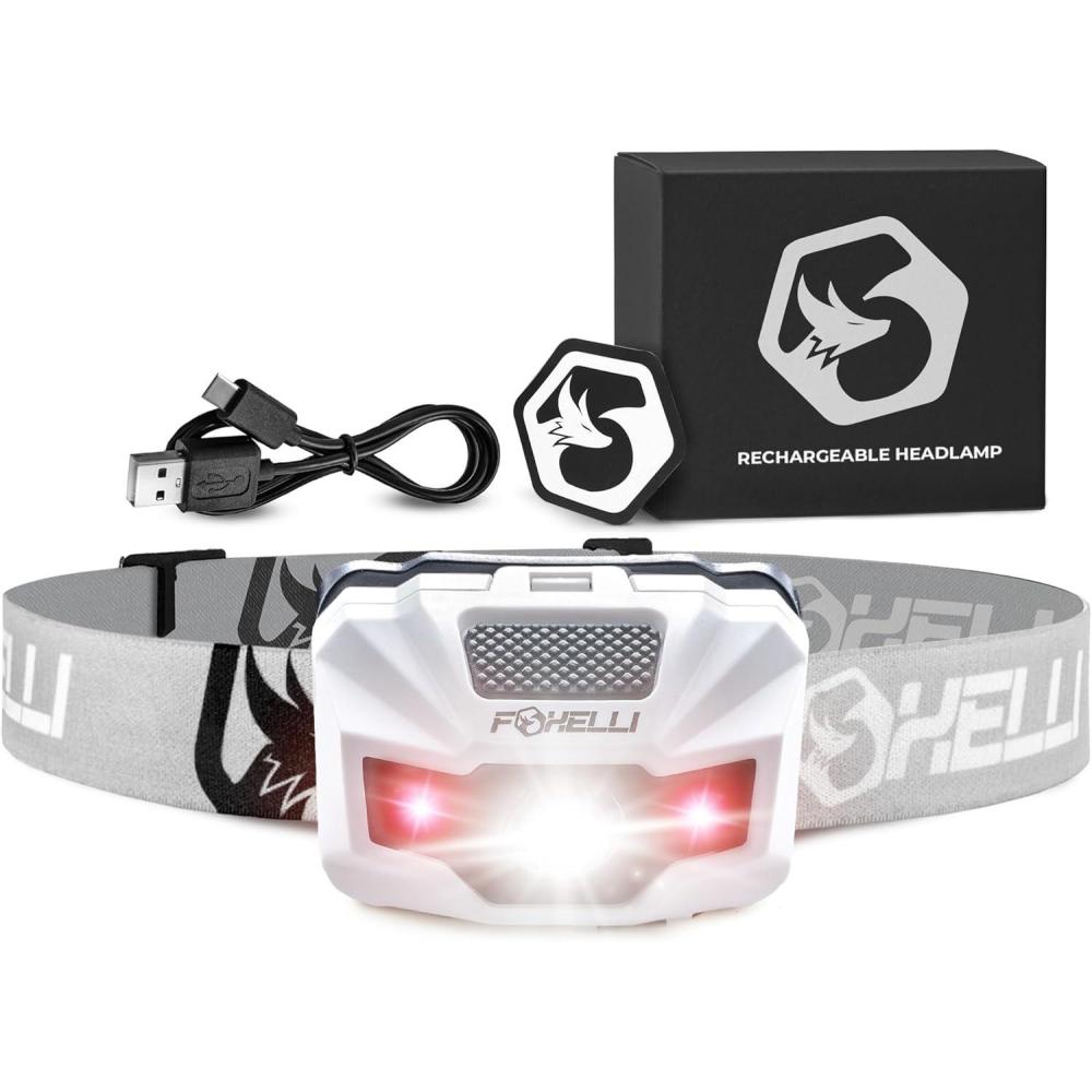 imageFoxelli USBCRechargeable LED Headlamp UltraLight 24oz ampamp Bright180Lumens RedWhite Light 5Modes IPX5 Waterproof 40h Runtime for Trail Running Camping HikingWhite