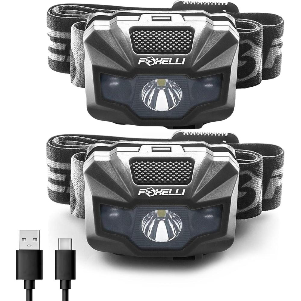imageFoxelli USBCRechargeable LED Headlamp UltraLight 24oz ampamp Bright180Lumens RedWhite Light 5Modes IPX5 Waterproof 40h Runtime for Trail Running Camping Hiking2Pack Black