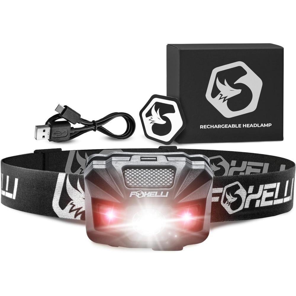 imageFoxelli USBCRechargeable LED Headlamp UltraLight 24oz ampamp Bright180Lumens RedWhite Light 5Modes IPX5 Waterproof 40h Runtime for Trail Running Camping HikingBlack