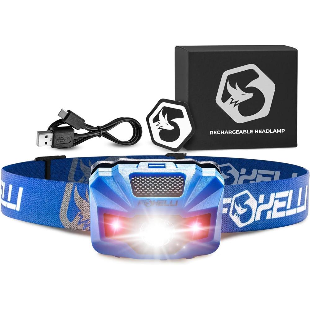 imageFoxelli USBCRechargeable LED Headlamp UltraLight 24oz ampamp Bright180Lumens RedWhite Light 5Modes IPX5 Waterproof 40h Runtime for Trail Running Camping HikingBlue