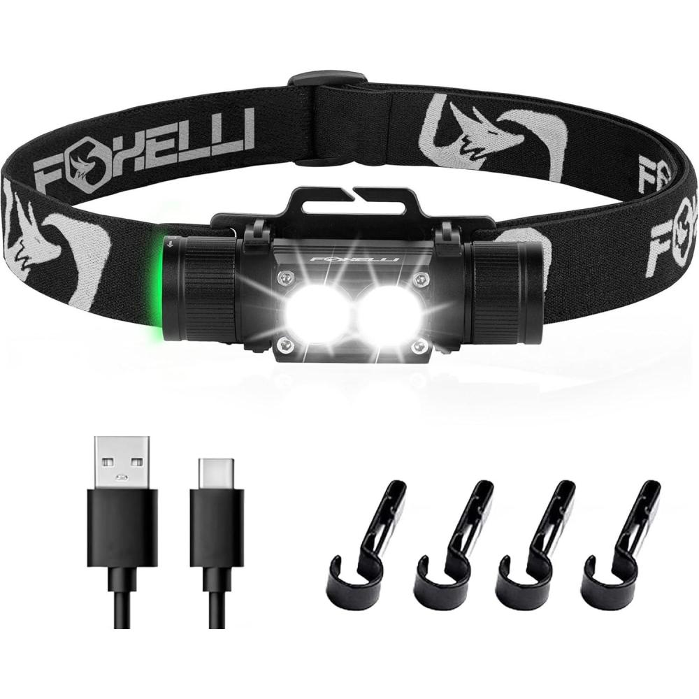 imageFoxelli Ultra Bright Rechargeable Headlamp 18650 Battery IPX7 Waterproof 1200 Lumen LED Light for Work ampamp Outdoors with Battery ampamp Hooks Perfect for Hard Hat or Helmet