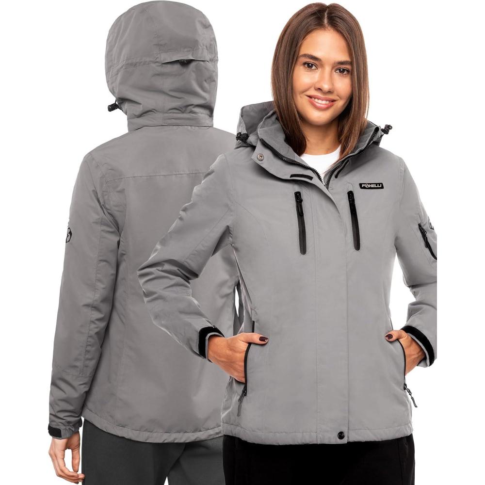 imageFoxelli Womens Waterproof Hiking Jacket Warm FleeceLined Windproof Coat Hooded Rain JacketGrey