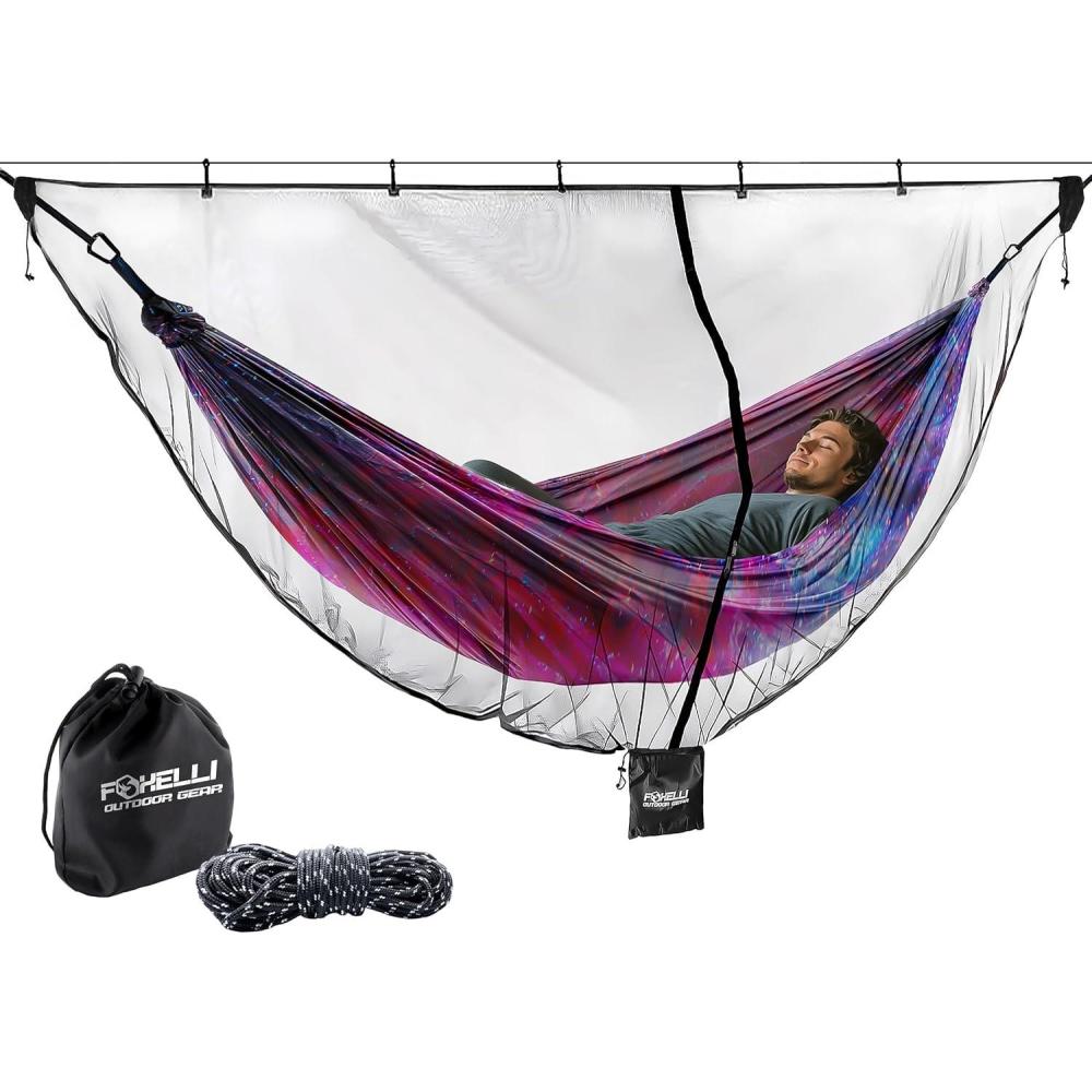 imageFoxelli XL Hammock Net 12ft Net for Hammocks Lightweight Portable Hammock Netting Fast and Easy Set Up Fits All Camping Hammocks